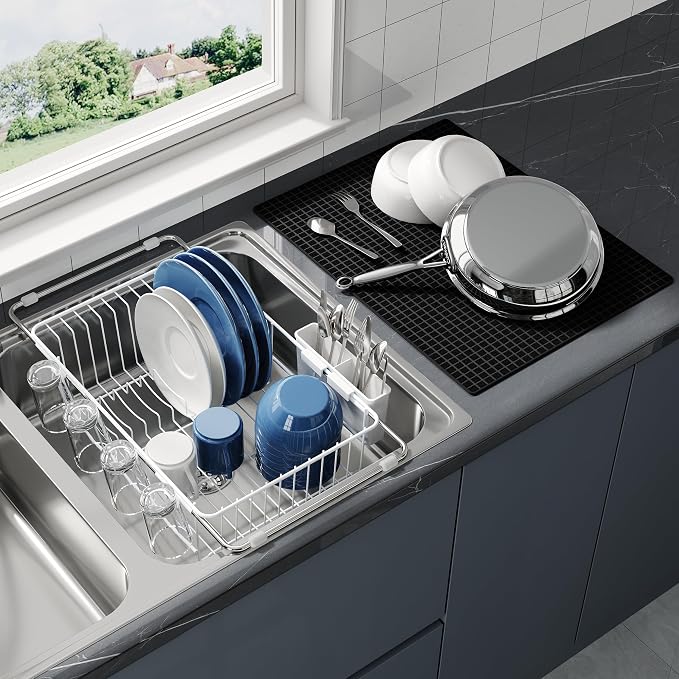 JASIWAY White Dish Drying Rack in Sink with Mat, Cups and Utensil Holder | Use Over the Sink or Counter, Stainless Steel Expandable Dish Drainer for Small Kitchen, Space Saving, Fast Drain, Rustproof