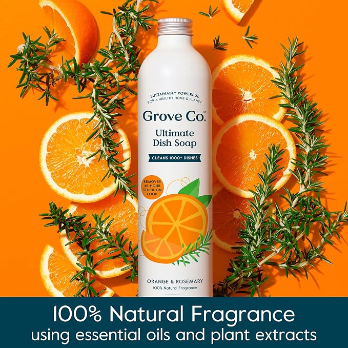 Grove Co. Dish Soap, 3 x 16 fl oz Refills, Orange & Rosemary | Plastic-Free; Refill format; Natural Fragrance; Removes Stuck on Food; 98% plant-based ingredients