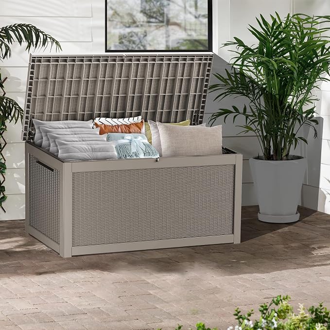 TARKARI 320 Gallon Lockable Resin Deck Box, Waterproof & UV-Resistant Outdoor Storage Box for Outdoor Cushion Storage, Garden Tools & Pool Accessories Storage, Gray