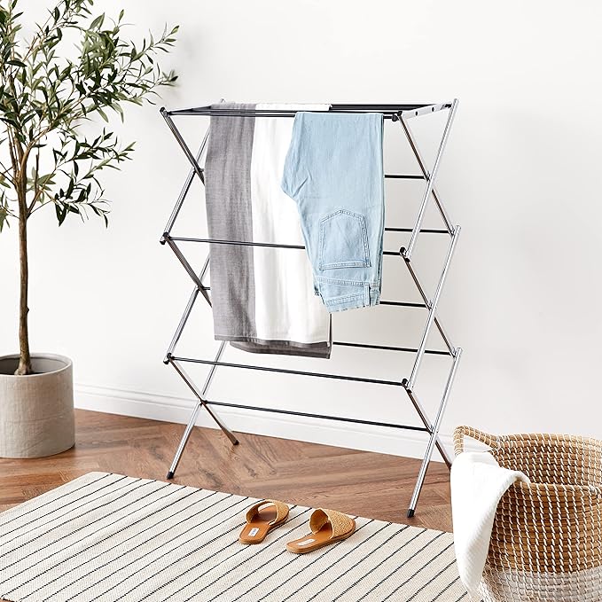 Amazon Basics Foldable Portable Metal Clothes Drying Rack for Indoor Air Drying, Energy Saving, 14.5 x 29.5 x 41.8 inches, Chrome Silver