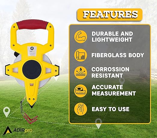 AdirPro 100 ft Fiberglass Measuring Tape | Appraiser's Tape Rule with Extra-Large Metal End Hook | Ideal for Surveyors, Appraisers & Landscapers