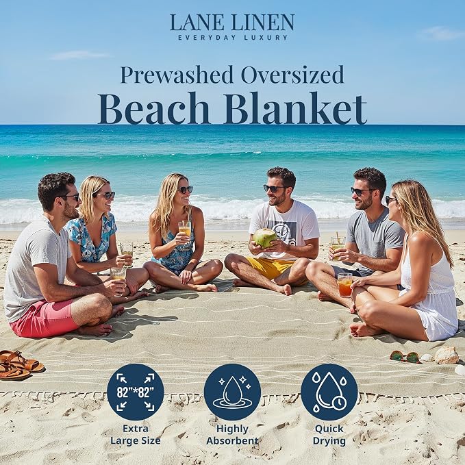 LANE LINEN Beach Blanket Sand Free, Quick Dry & Turkish Beach Towel - Beige | Extra Large Beach Blanket, 82"x82" - Seats A Family Of 4 With Room To Spare - Roomy Family Size, Soft, Packable, Portable