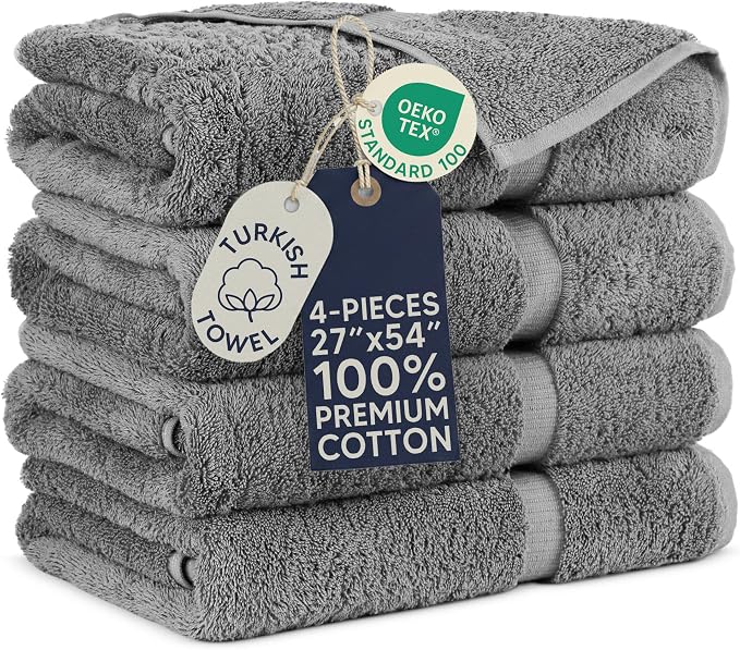 Towel Bazaar 4-Piece Bath Towel Set, Cotton Turkish Towels, 27x54 Luxury Towel Super Soft and Absorbent, Perfect Use for Bathroom, Shower Towels - Gray