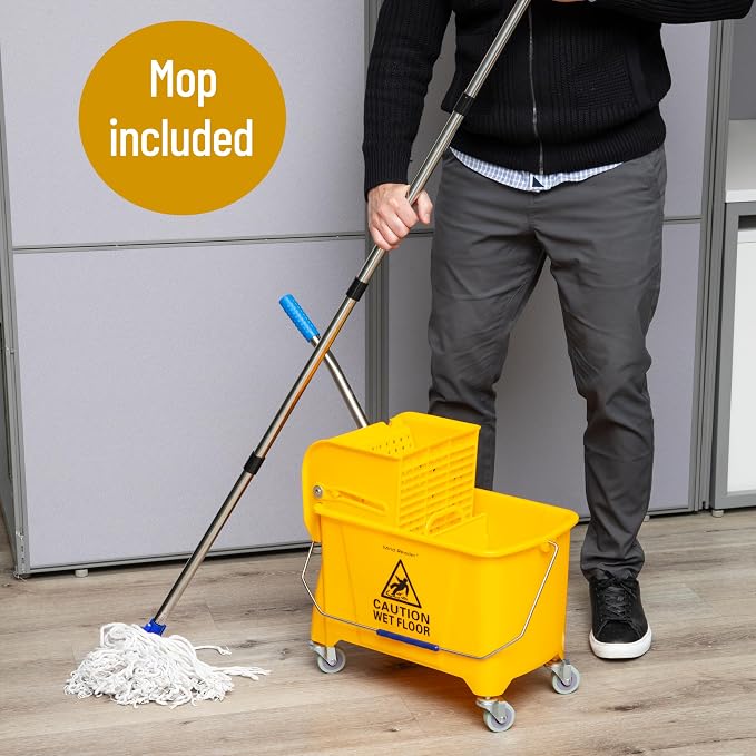 Mind Reader Mop and Bucket Set with Wringer, Mop Included, 5.5 Gallon Cleaning System with Wheels, Upward Press Wringer, Small Mop Compatible
