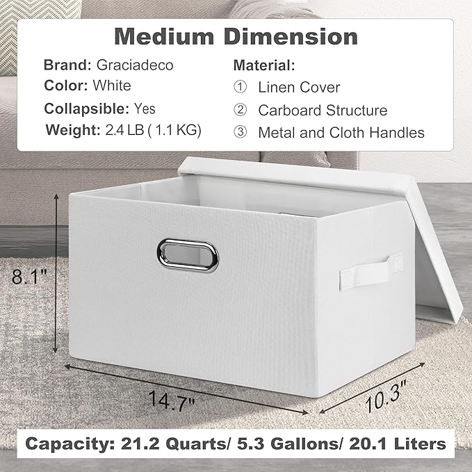 Graciadeco Medium 15" 21 Quart Collapsible Stackable Storage Bins with Lids, 3 Packs White Foldable Fabric Closet Boxes Heavy-duty Linen Cube Baskets Container for Bedroom Office (15 x 11 x 8)