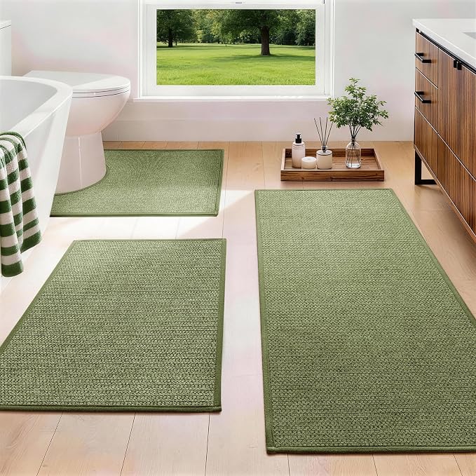 YIHOUSE Green Bathroom Rugs Sets 3 Piece, Quick Dry Thin Bath Mat with Toilet Rug, Non Slip Absorbent Machine Washable, Bath Runner Rugs for Bathtub Sink Home Decor