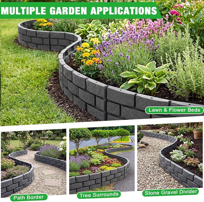 15 Pcs Garden Edging Border, 26ft Faux Stone Edging for Landscaping Lawn | No-dig Plastic Garden Fence, Stone Look Barrier with Built-in Stakes for Flower Beds, Yard, Paths, Patio and Tree Rings Decor