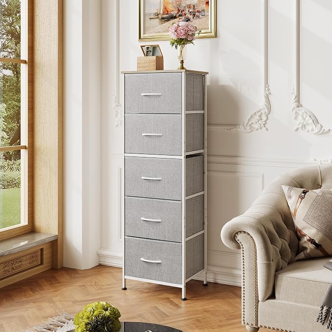 WLIVE Fabric Dresser, 5-Drawer Tall Dressers for Bedroom, Storage Dresser Organizer with Fabric Bins, Wood Top, Sturdy Steel Frame, Chest of Drawers for Closet, Hallway, Light Grey