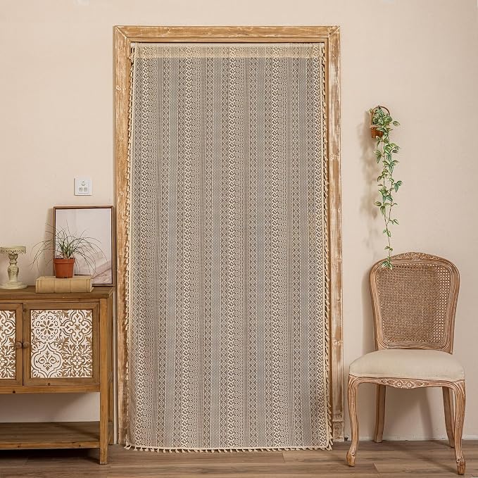 Sutuo Home Boho Doorway Curtains for Closet Patio, Lace Sheer Door Curtains for Doorway Crochet Vintage Chic Tassels Bohemian Temporary Room Divider Privacy Rustic Geometry Rod Pocket, 37" x 80" Beige