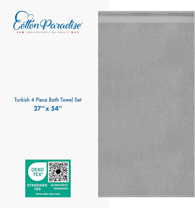 Cotton Paradise Turkish Towel Set, Soft Absorbent Quick Dry, 4 Piece Bath Towel Set, Light Grey