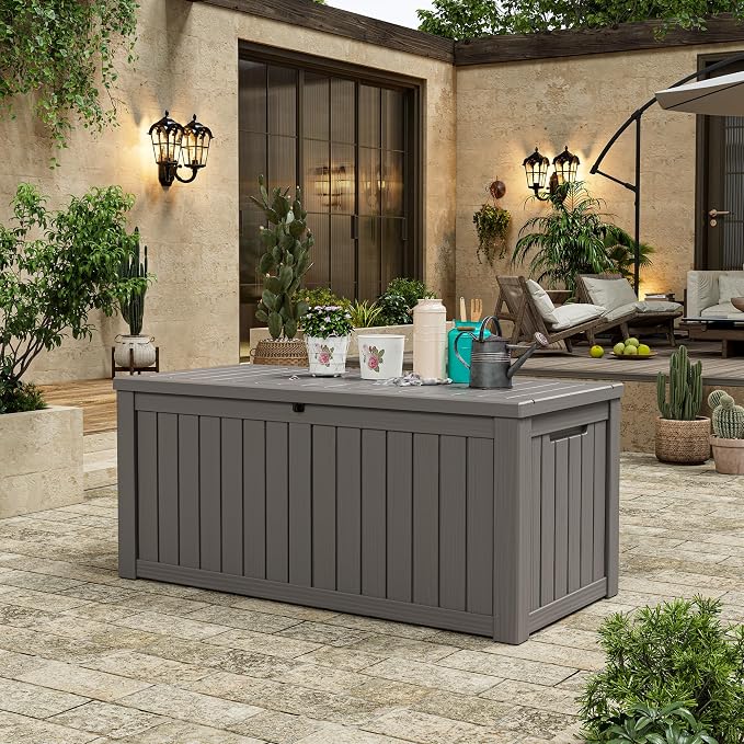 Outdoor Storage Box, 150 Gallon Large Outdoor Resin Deck Box, Storage Waterproof Boxes Lockable Lid for Garden Tools, Pool Supplies, Patio Furniture and Cushions, Grey