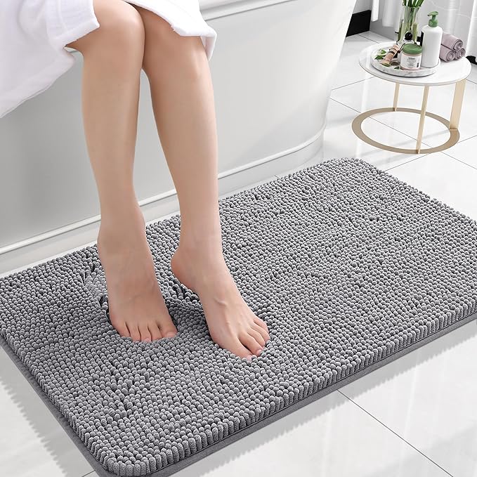 OLANLY Small Bathroom Rugs 24x16, Extra Soft Absorbent Chenille Bath Rugs, Rubber Backing Quick Dry, Machine Washable Bath Mats for Bathroom Floor, Tub and Shower, Home Decor Accessories, Grey