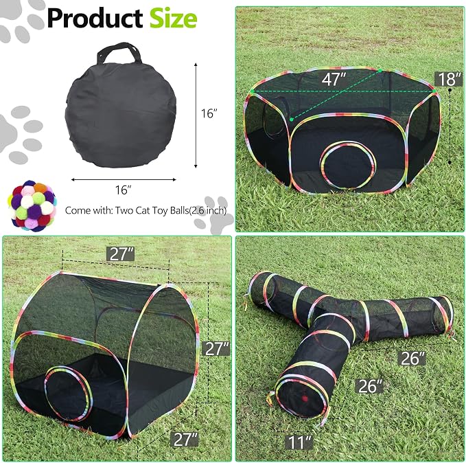 Outdoor Cat Enclosure, 3-in-1 Portable Pop Up Cat Mesh Tent with Tunnel for Cat Run, Easy Set Up and Foldable Catio Playground for Indoor Cats, Rabbits & Small Animals, Includes Storage Bag