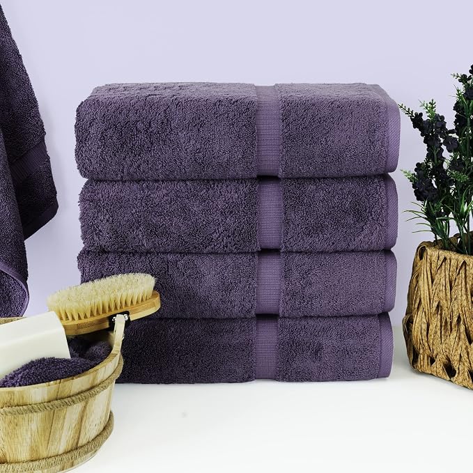 Chakir Turkish Linens 4 Piece Bath Towel Set, 100% Cotton Luxury Turkish Towels for Bathroom, Soft Absorbent Bath Towels, 27 x 54 Inches, Plum