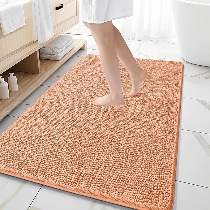 OLANLY Large Bathroom Rugs 59x35, Extra Soft Absorbent Chenille Bath Rugs, Rubber Backing Quick Dry, Machine Washable Bath Mats for Bathroom Floor, Tub and Shower, Home Decor Accessories, Peach