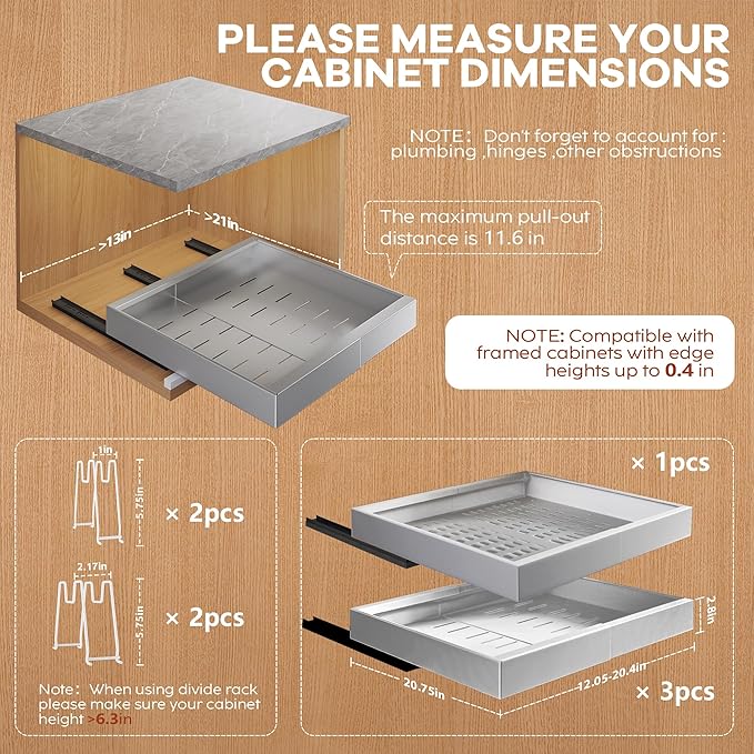 Seinloes 4Pack Expandable Pull Out Cabinet Organizer 21" Deep with Raising Pad for Framed Cabinets,Slide Out Drawers with 4pcs Divider Racks,Roll Out Shelves,Adjustable Width 12.05"-20.4" Silver