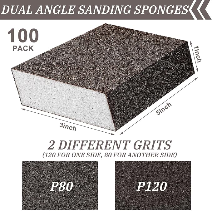 Gisafai 100 Pcs Dual Angle Sanding Sponge Bulk, 80/120 Grit Double Sided Reusable Washable Sponge Sandpaper Block for Drywall, Wood, Metal, Glass, Med/fine