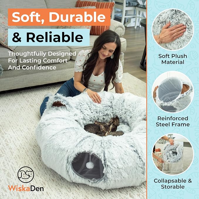 WiskaDen XL Plush Cat Tunnel Bed with Toy and Elderly Feline Access. 3-in-1 Light Grey Fluffy Donut Cushion with Ears. Circle Tube for Indoor Cats Leisure, Hiding Spot, Dog Bed, or Rabbit Cave
