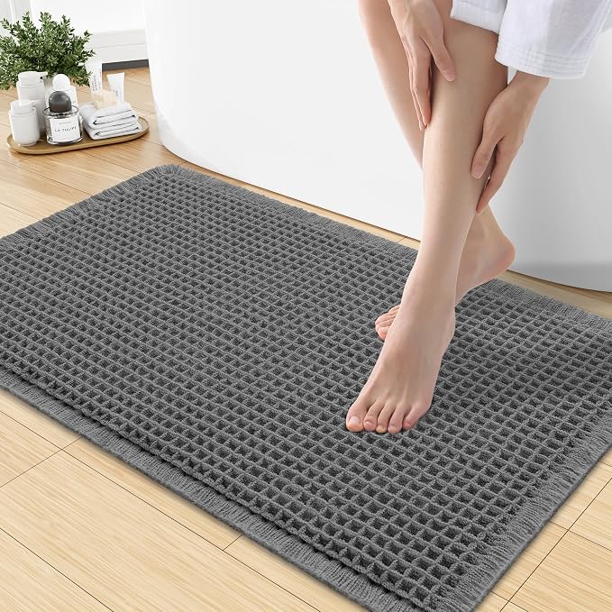 Smiry Waffle Bath Mat 30x18, Extra Soft Absorbent Bathroom Rugs, Non Slip Machine Washable Quick Dry Bath Rugs for Bathroom Floor, Tub, Shower, Home Decor Accessories, Dark Grey