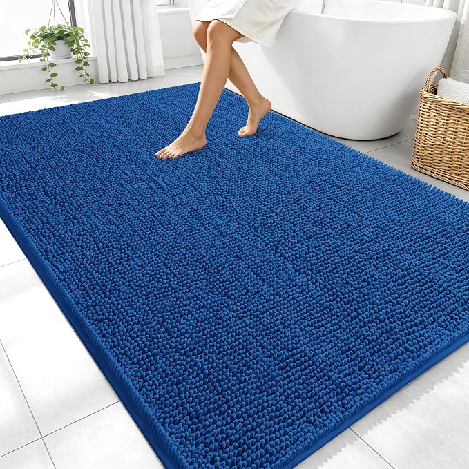 OLANLY Large Bathroom Rugs 70x46, Soft Absorbent Chenille Bath Rugs, Rubber Backing Quick Dry, Machine Washable Bath Mats for Bathroom Floor, Tub and Shower, Home Decor Accessories, Deep Navy Blue