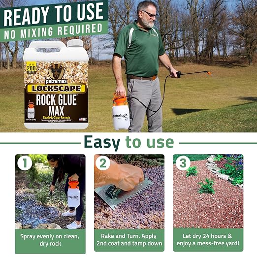 PetraMax Lockscape Rock Glue for Landscaping w/Sprayer, 1 Gal (Made in USA) - 100% Permeable Landscape Adhesive for Stones & Pebbles - Ready to Spray Pea Gravel Binder & Mulch Glue for Landscaping