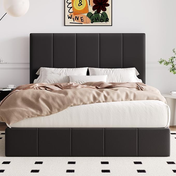 Allewie Queen Size Velvet Lift Up Hydrualic Storage Bed Frame, Black | Vertical Channel Tufted Headboard, Hydrualic Underneath Storage, Upholstered Platform Bed, No Box Spring Needed