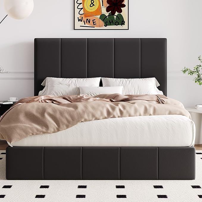 Allewie Full Size Velvet Lift Up Hydrualic Storage Bed Frame, Black | Vertical Channel Tufted Headboard, Hydrualic Underneath Storage, Upholstered Platform Bed, No Box Spring Needed