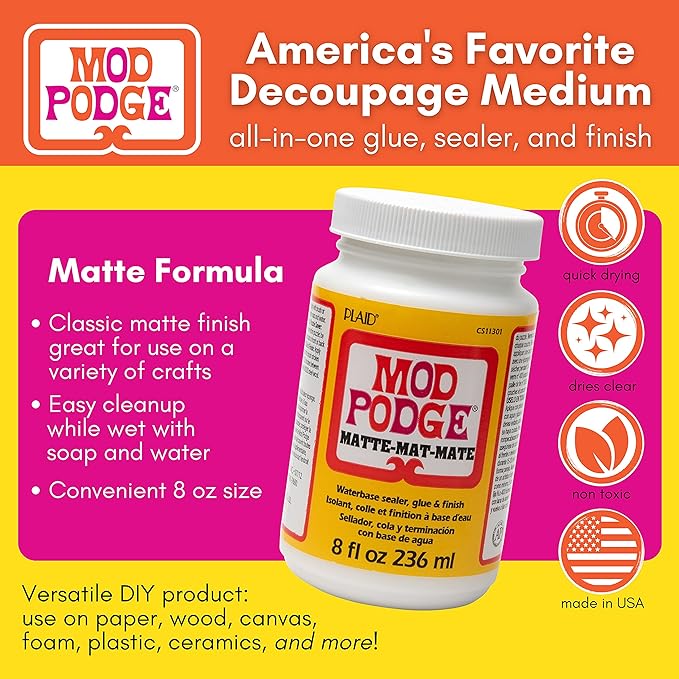 Mod Podge Matte Sealer, Glue & Finish: All-in-One Craft Solution- Quick Dry, Easy Clean, for Wood, Paper, Fabric & More. Non-Toxic - Craft with Confidence, Made in USA, 8 oz., Pack of 1