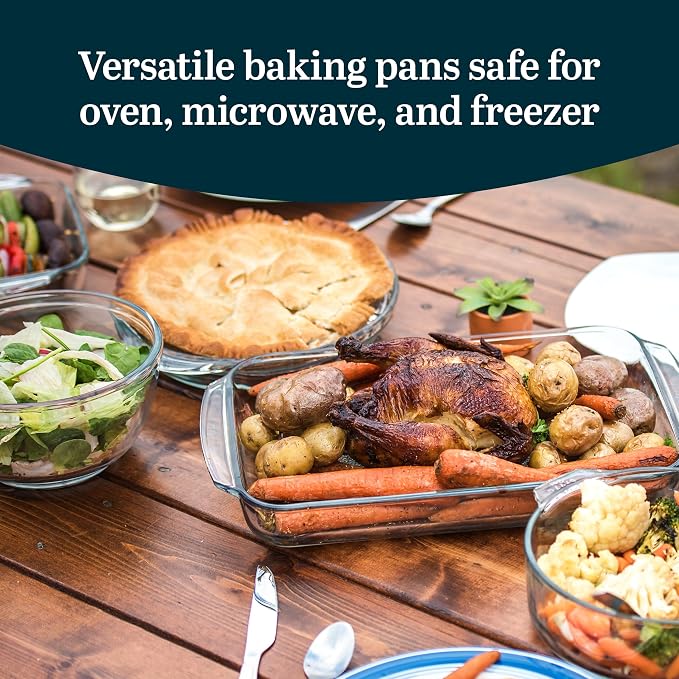 Libbey Baker’s Basics 5 Piece Glass Baking Dish Set with 1 Lid, Stackable, Clear Versatile Casserole Dish Set, Baking Glassware Set for Food Prep