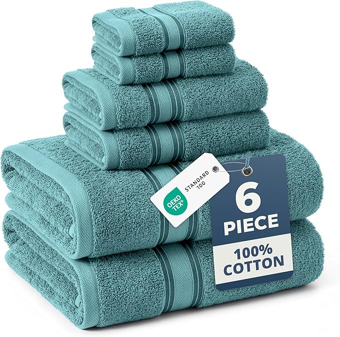 LANE LINEN Luxury Bath Towels Set - 6 Piece, 100% Cotton, Zero Twist, Quick Dry, Absorbent, Super Soft 2 Bath Towels, 2 Hand Towels, 2 Wash Cloths: Teal