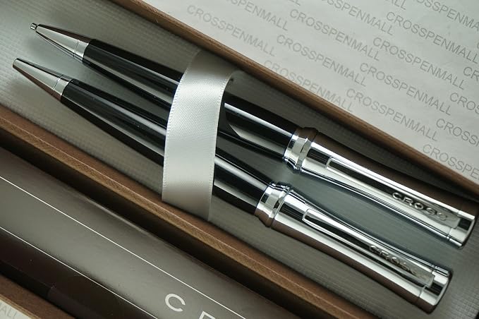 Cross Compact Parasole Curves Tuxedo Black Lacquer and Extremely Polished Chrome Appointment Ballpoint Pen and 0.9MM with Continuous Twist Technology Pencil Set