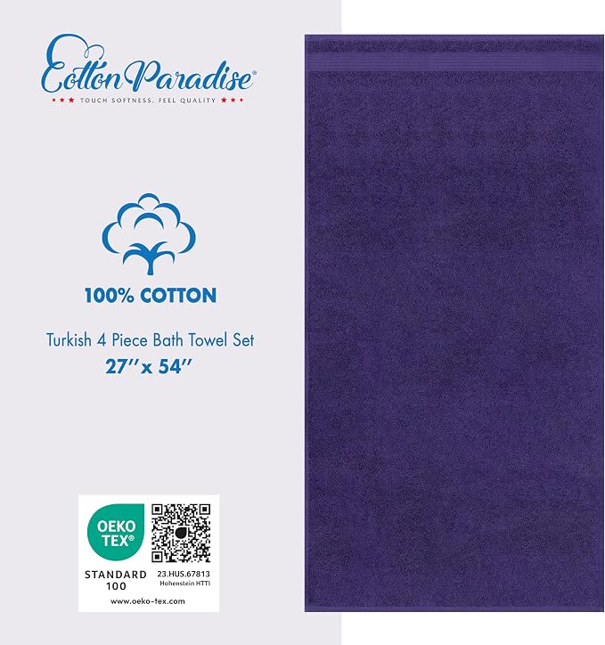 Cotton Paradise 100% Cotton Turkish Towel Set, Soft Absorbent Quick Dry, 4 Piece Bath Towel Set, Violet Purple