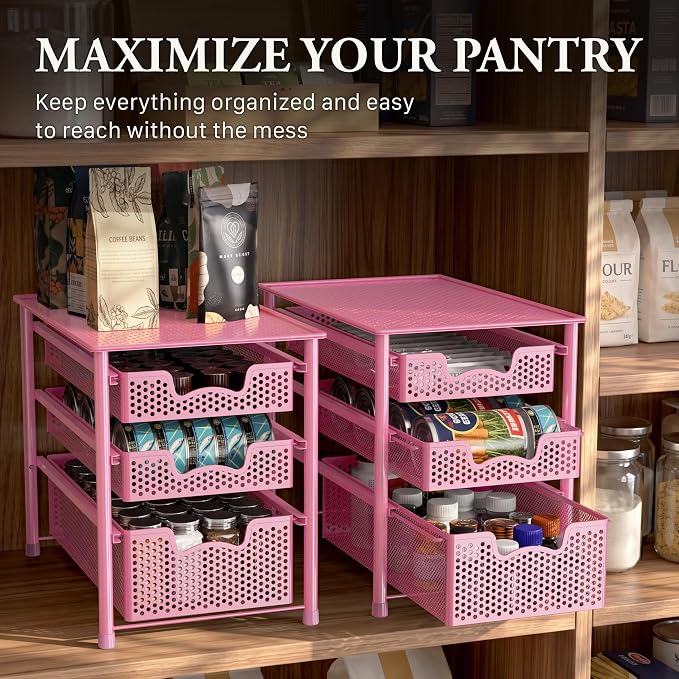 Simple Houseware Stackable 3 Tier Sliding Basket Organizer Drawer, Pink