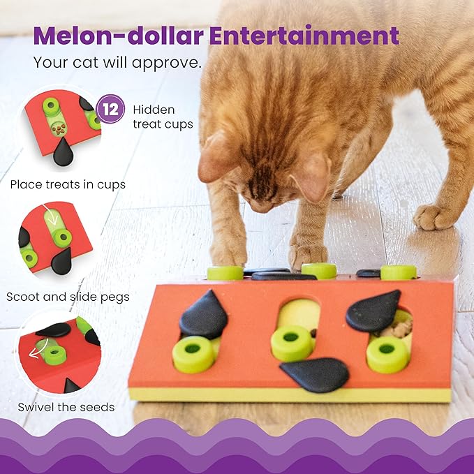 Catstages Nina Ottosson Melon Madness Puzzle & Play Cat Puzzle Feeder – Interactive Treat Game for Indoor Cats, Level 2 Slow Feeder Enrichment Toy, 10.5" x 10.6"