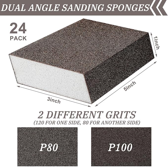 Gisafai 24 Pcs Dual Angle Sanding Sponge Bulk, 80/120 Grit Double Sided Reusable Washable Sponge Sandpaper Block for Drywall, Wood, Metal, Glass, Med/fine