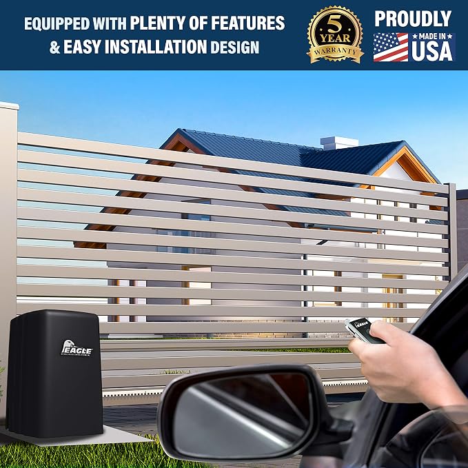 Home Slide Gate Opener Eagle 1000 FSC 1/2 HP Sliding Gate Motor Operator System Residential and Light Commercial for 27’ feet 600lbs Rolling Gates with Wireless Remotes
