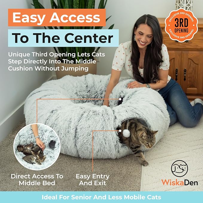 WiskaDen XL Plush Cat Tunnel Bed with Toy and Elderly Feline Access. 3-in-1 Light Grey Fluffy Donut Cushion. Circle Tube for Indoor Cats Leisure, Hiding Spot, Dog Bed, or Rabbit Cave