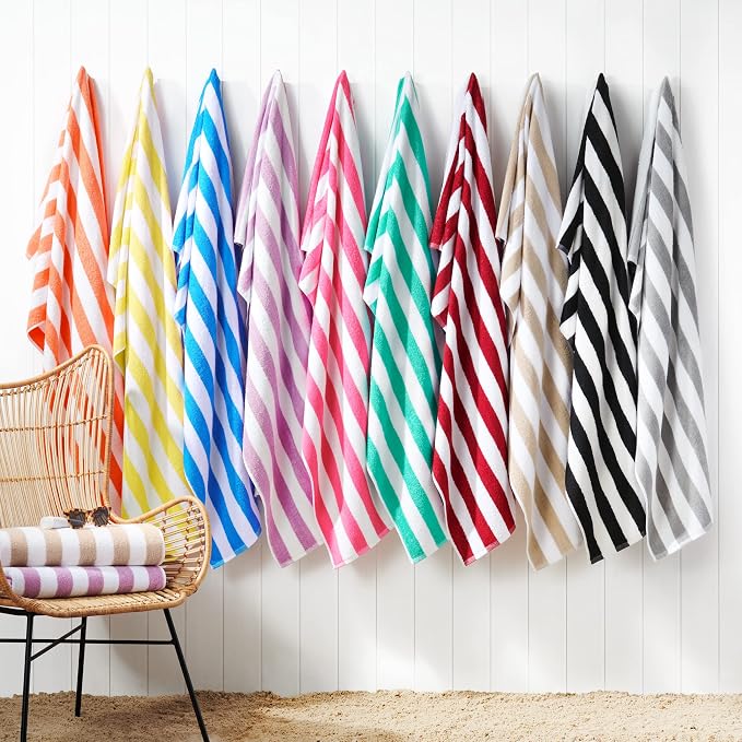 Arkwright California Cabana Stripe Beach Towel - Pack of 4, Large Soft Quick Dry 100% Cotton Terry Towels Set for Pool, Swim, and Hot Tub, Oversized 30 x 70 in, Blue