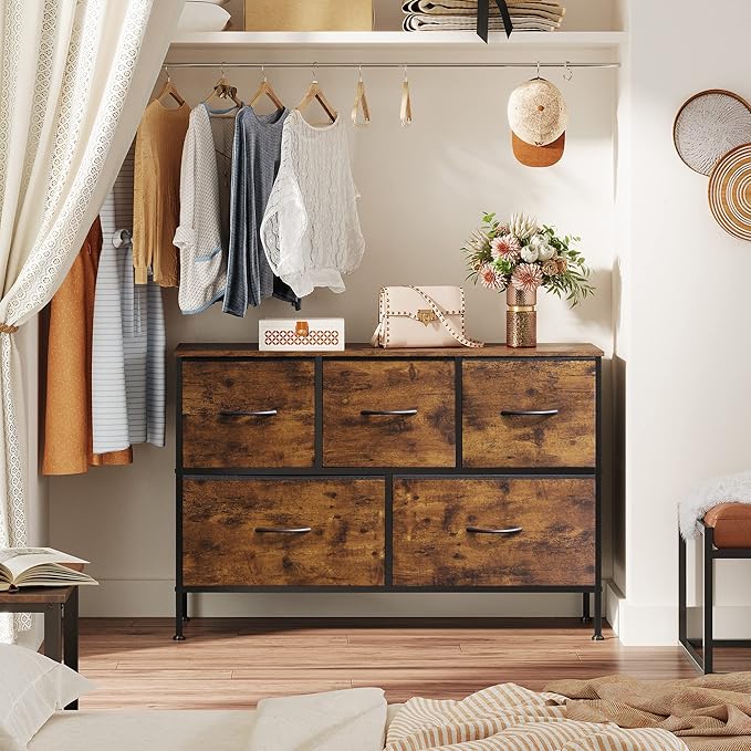 WLIVE 5 Drawer Dresser for Bedroom, Wide Chest of Drawers, Rustic Brown | 5 roomy fabric drawers, Wide low-profile design, Bedroom or closet use, Sturdy steel frame, Smooth wood tabletop
