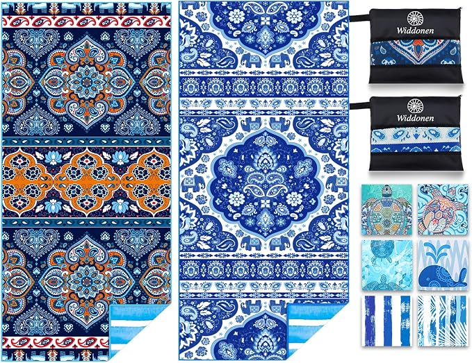 Widdonen Microfiber Beach Towel,Compact 2 Pack-71x32 Inch with Bag Travel | Extra Large,Lightweight,Thin,Sand Free,Quick Dry,Absorbent.Packable for Camping,Swim,Pool,Bath,Picnic,Cruise Essentials Gift