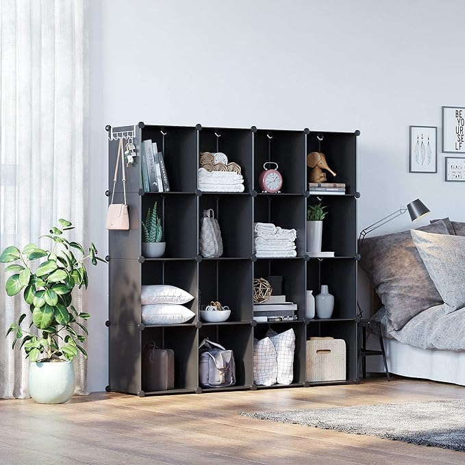 C&AHOME 16 Cube Storage Organizer Cube Shelves Units Storage Cubes, Black | Plastic DIY Closet Organizer, Stackble Modular Closet Storage Shelves Ideal for Home, Bedroom, 48.4" L × 12.4" W × 48.4" H