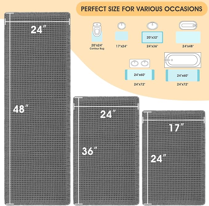 IM HOME Waffle Bath Mat Set 3 Piece Grey,Woven Modern Bath Rug Mats, Absorbent Non Slip Bath Floor Mat, Soft Washable Boho Bath Rugs with Tassels for Bathroom, Bedroom, Kitchen,Tub