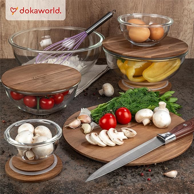 Set of 5 Nesting Glass Bowls with New Updated Acacia Lids for Foodprep, Storage, Mixing & Cooking - Microwave & Oven-ready BPA Free Durable Heat Resistant Inert Borosilicate Glass