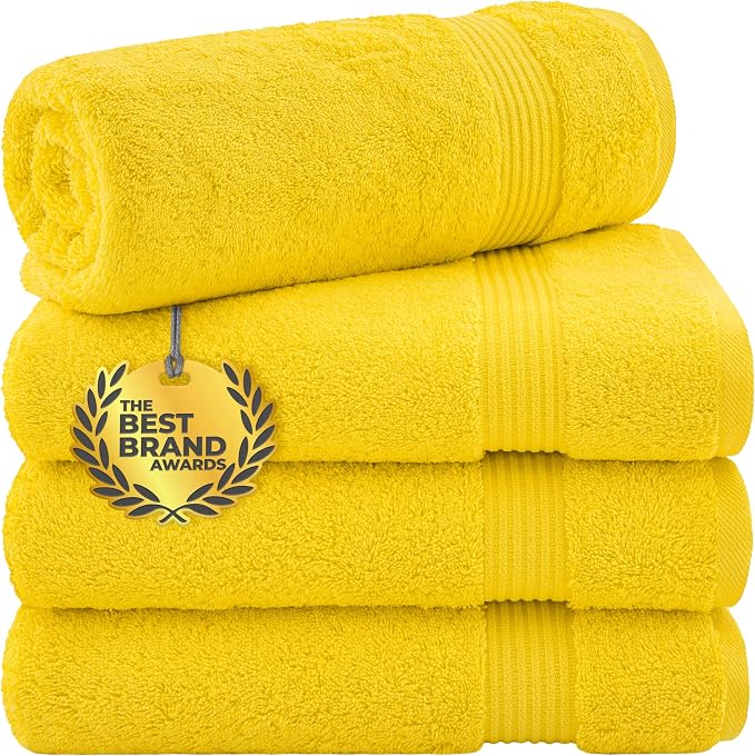 Cotton Paradise 100% Cotton Turkish Towel Set, Soft Absorbent Quick Dry, 4 Piece Bath Towel Set, Yellow
