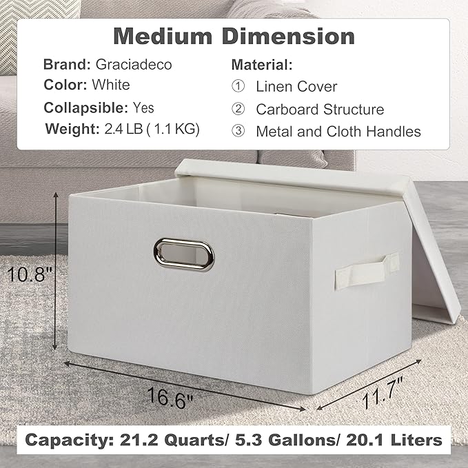 Graciadeco Medium 15" 21 Quart Collapsible Stackable Storage Bins with Lids, 5 Packs White Foldable Fabric Closet Storage Boxes with Lids, Lidded Heavy-duty Linen Baskets(15x11x8)
