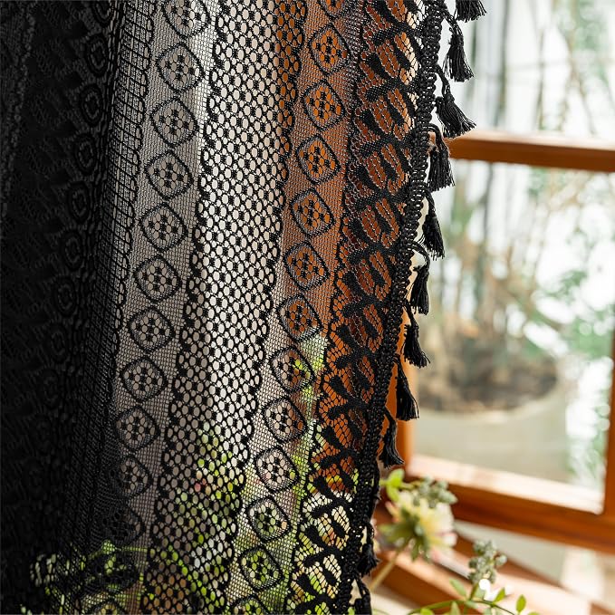 Sutuo Home Black Boho Sheer Curtains 84 inches Long for Bedroom Living Room, Bohemian Lace Window Curtains Crochet Privacy Farmhouse Vintage Chic Tassels Darkening Decor Rod Pocket, 2 Panels 50" W