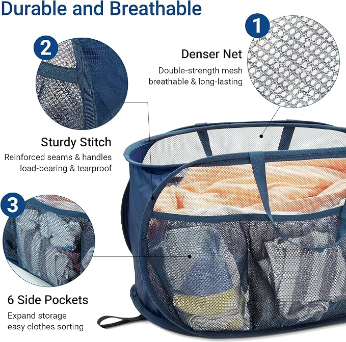 4 Pack Pop Up Laundry Hamper with Convenient Bags, Upgrade Collapsible Laundry Baskets, Foldable Laundry Basket Mesh Light Weight, Easy to Carry Clothes Hampers for Laundry, Dorm, Toys, Travel