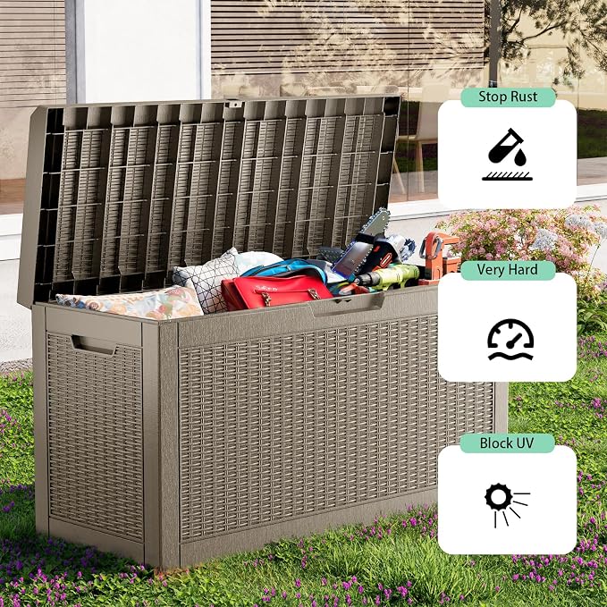 DRATO 70 Gallon Outdoor Storage Box Waterproof, Lockable Resin Deck Box for Patio Furniture, Pool Supplies & Garden Tools, Weatherproof Outside Storage Bin for Backyard Porch (Grey, 70 Gallon)