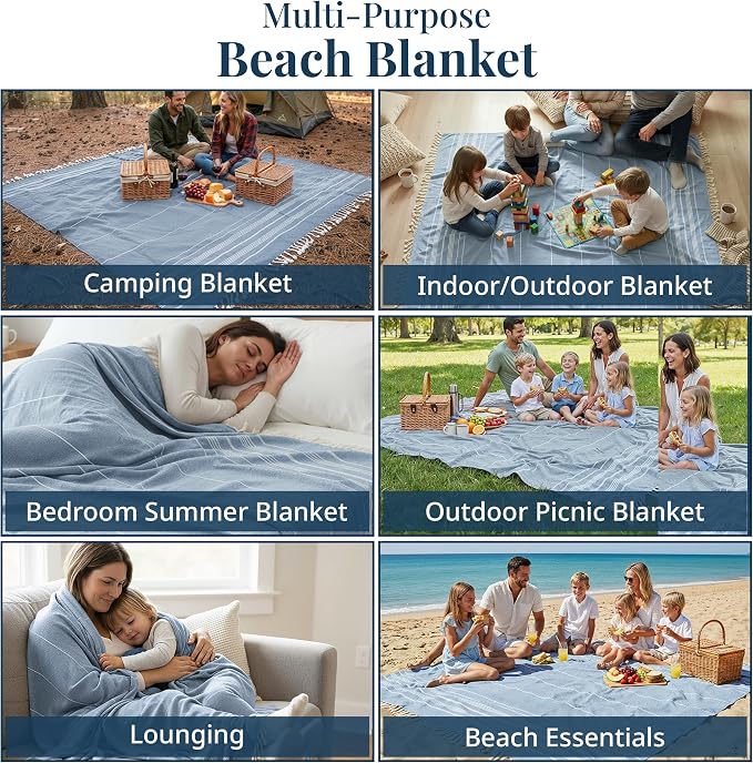 LANE LINEN Beach Blanket Sand Free, Picnic & Cotton Beach Towel - Sky Blue | Oversized Beach Blanket, 82"x82" - Beach, Backyard, Boat & Campsite Ready - Quick-Dry Weave, Dries Fast - Roomy Family Size