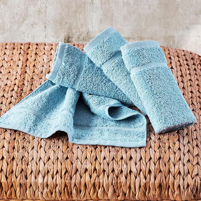 Washcloth Linen Set Premium Original Turkish Cotton, Hotel Quality for Maximum Softness & Absorbency for Face, Hand, Kitchen & Cleaning (Light Blue, Washcloth Set)